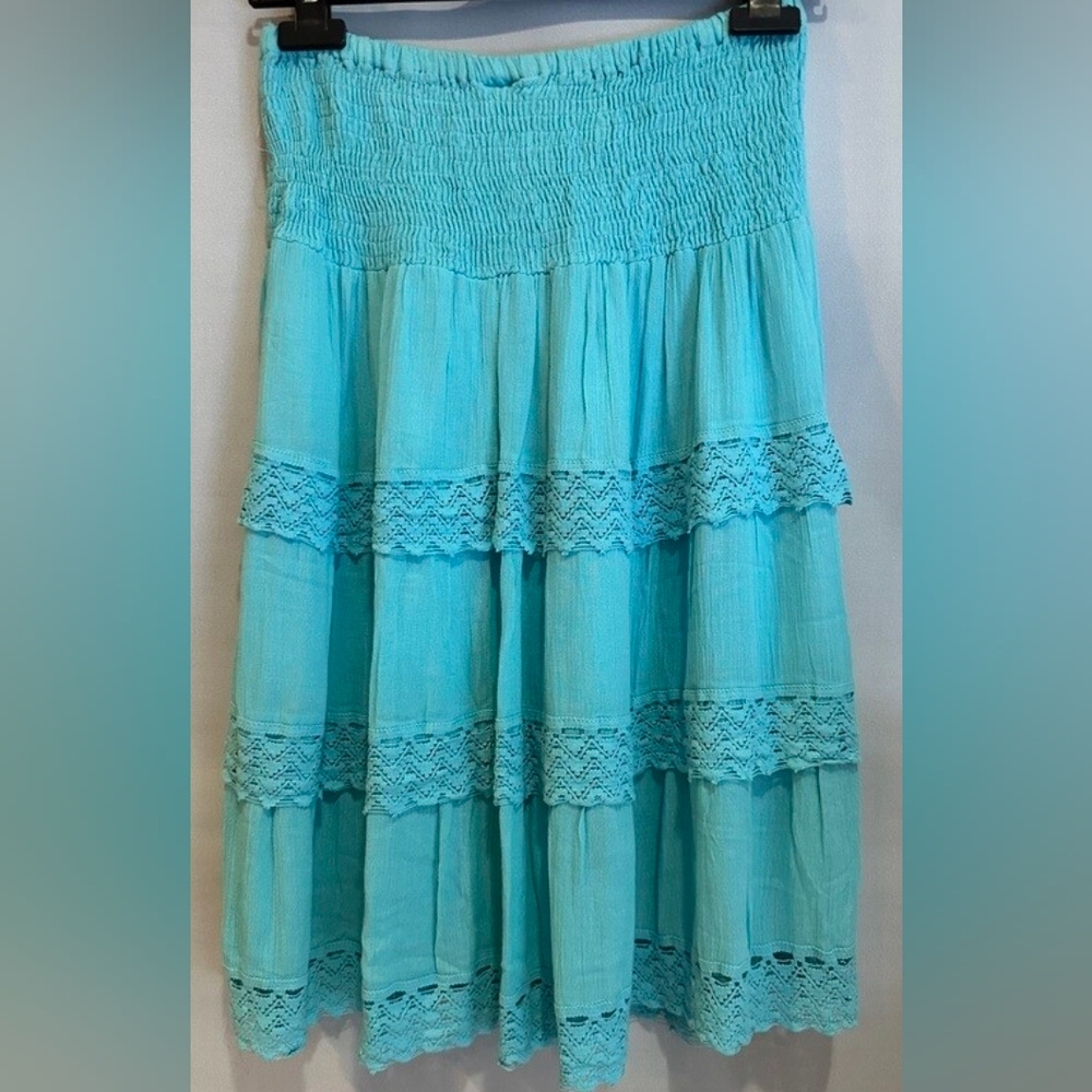 NWT Women’s Turquoise Boho Tiered Skirt | Smocked Waist | Size L #B51